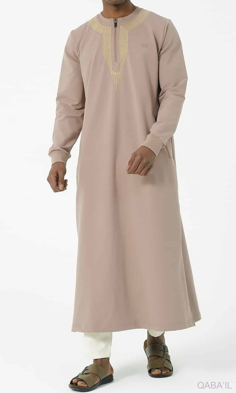 Muslim Men's Embroidered Long Thobe Sham R24 QL in Taupe