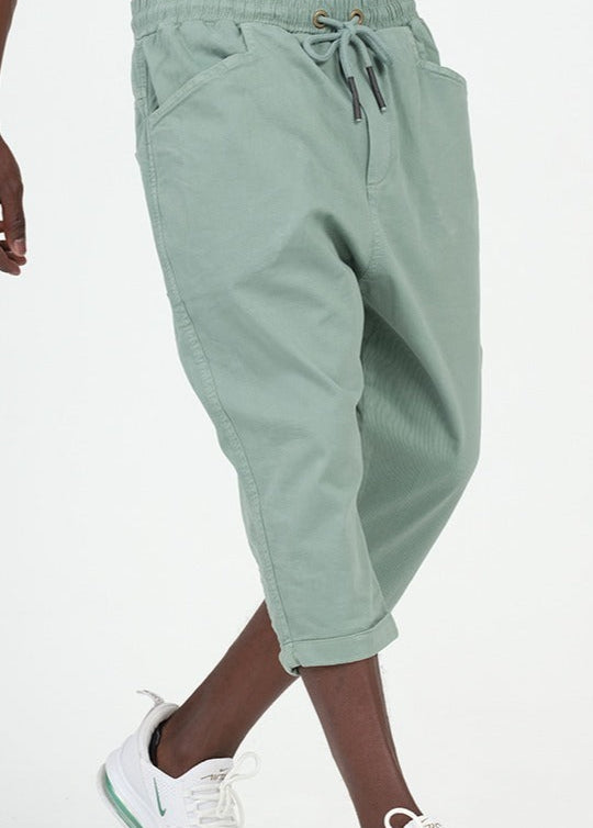  QL Cropped Trousers Stretch Cotton in Almond Green - QABA'IL,