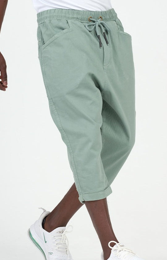  QL Cropped Trousers Stretch Cotton in Almond Green - QABA'IL,