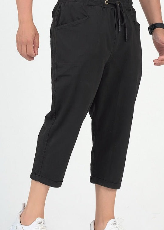  QL Cropped Trousers Stretch Cotton in Black - QABA'IL,