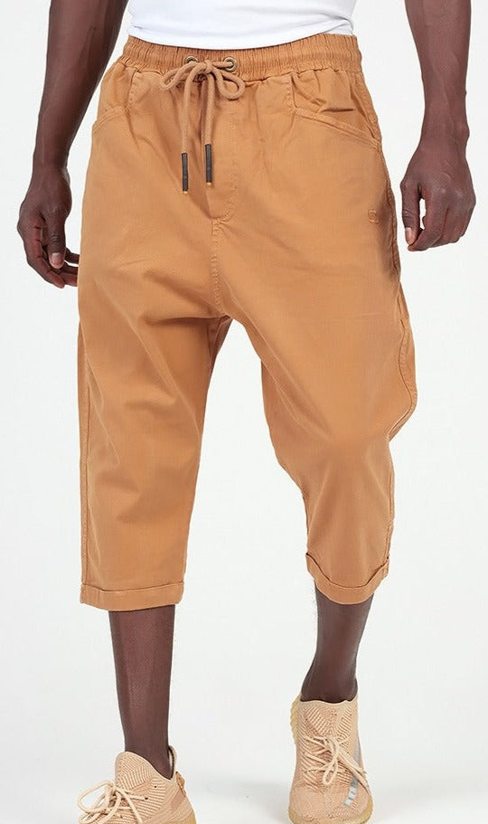  QL Cropped Trousers Stretch Cotton in Camel - QABA'IL,