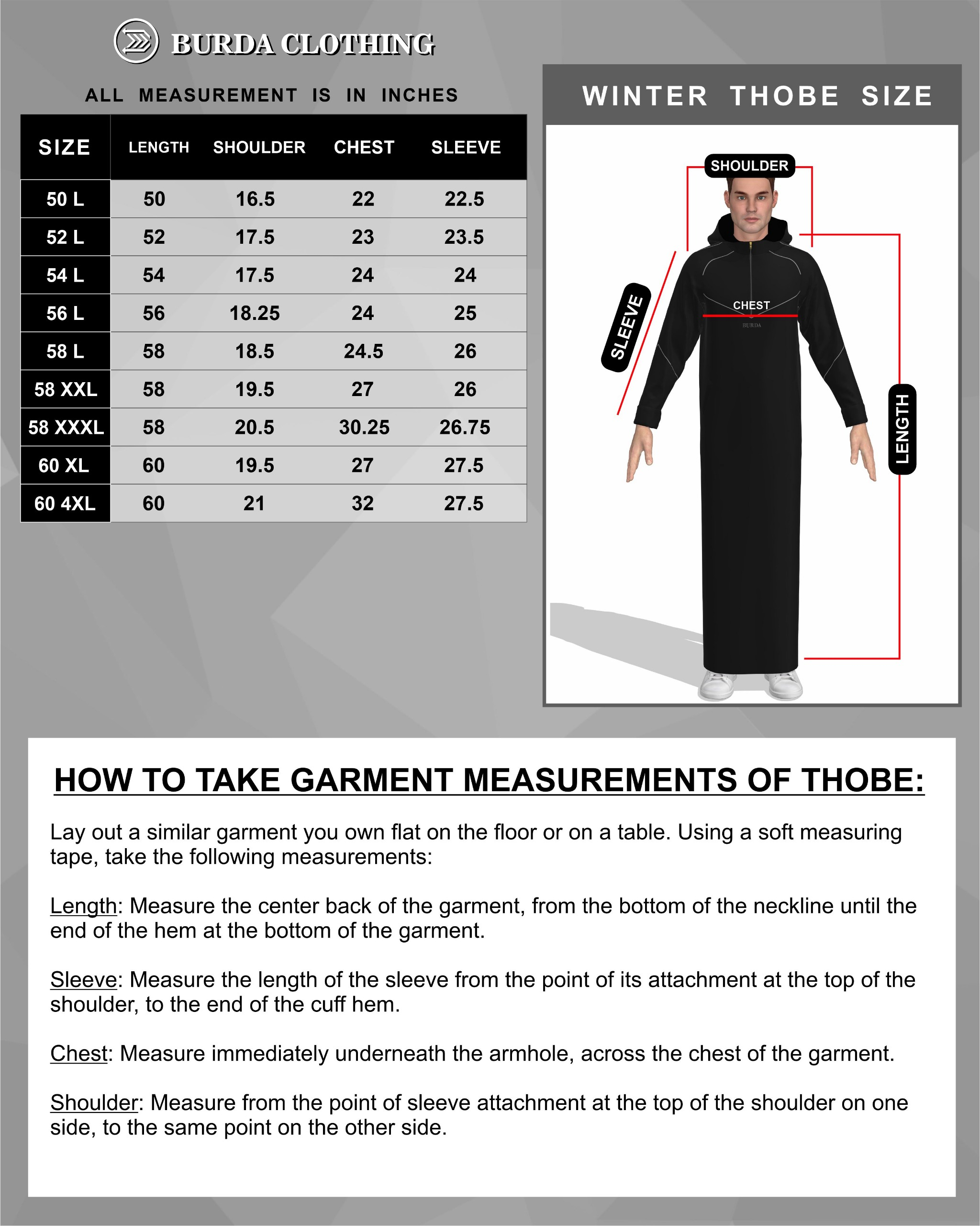 Burda Clothing winter tech thobe size chart with length, shoulder, chest and sleeve measurements in inches.