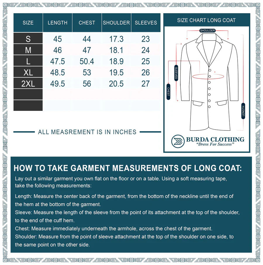 Burda Clothing long overcoat size chart with garment length, chest, shoulder and sleeve measurements in inches.