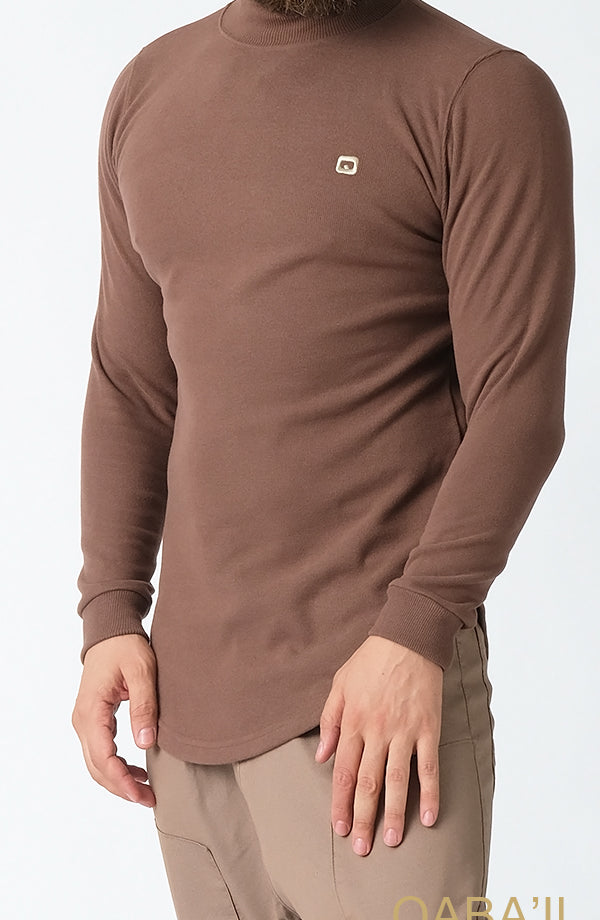 QL Longline High Collar Sweatshirt in Taupe - MOOMENN