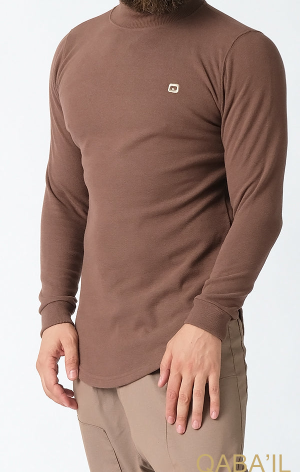 QL Longline High Collar Sweatshirt in Taupe - MOOMENN
