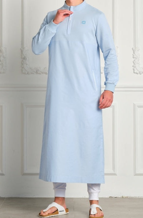  QL SUBTIL Long Kamisweat Active Thobe in Sky Blue and White - QABA'IL,