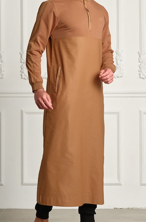  QL Subtil Long Kamisweat Active Thobe in Camel and Cacao - QABA'IL,