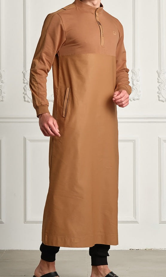  QL Subtil Long Kamisweat Active Thobe in Camel and Cacao - QABA'IL,