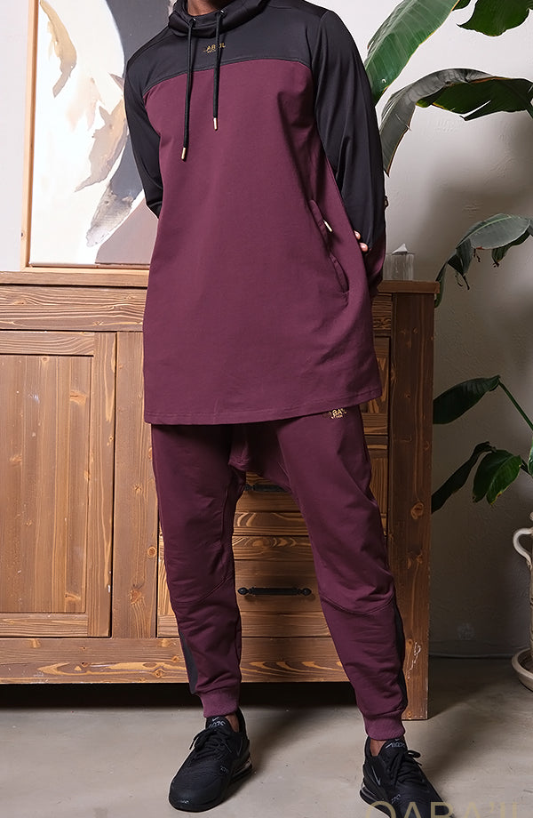 QL DELTA Kamisuit Two-tone Hooded Set in Burgundy and Black - MOOMENN