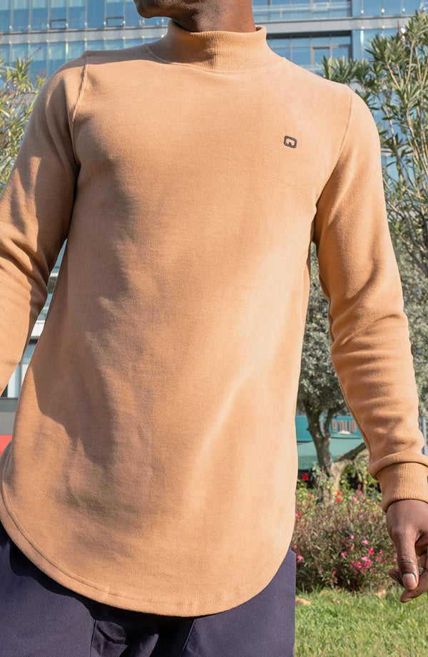QL Longline High Collar Sweatshirt in Camel - MOOMENN