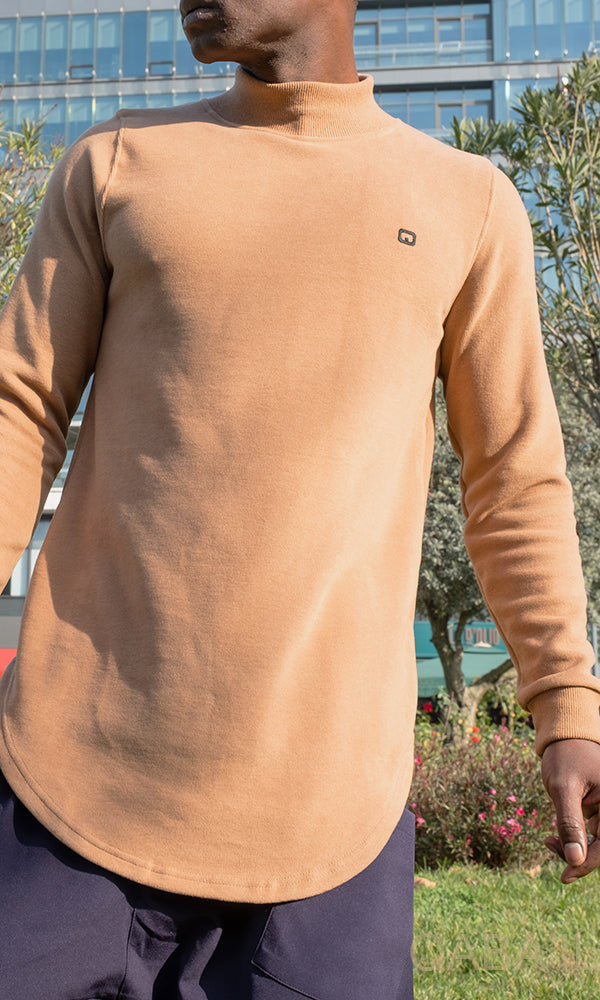QL Longline High Collar Sweatshirt in Camel - MOOMENN