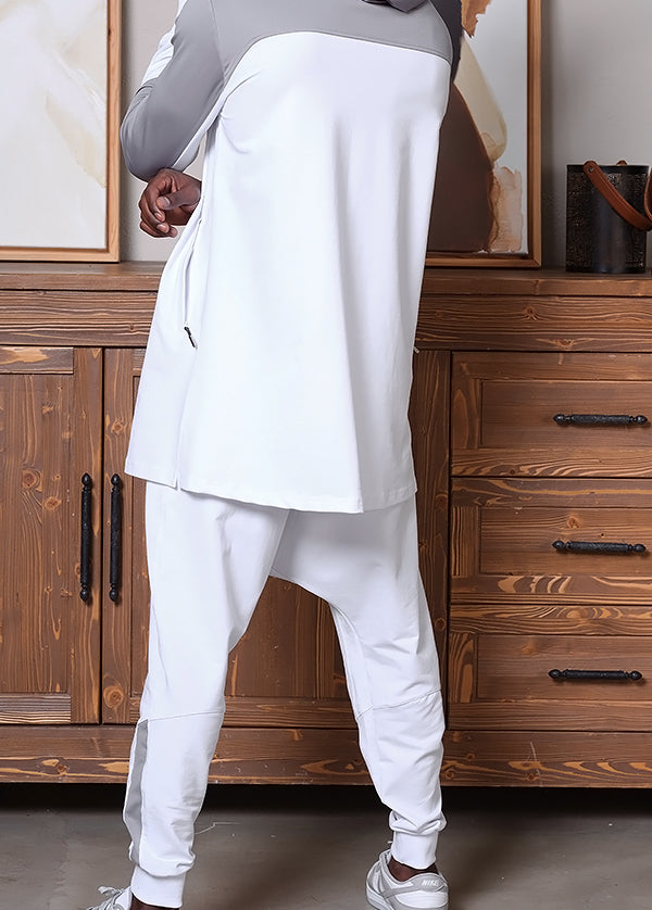 QL DELTA Kamisuit Two-tone Hooded Set in White and Grey - MOOMENN