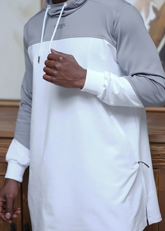 QL DELTA Kamisuit Two-tone Hooded Set in White and Grey - MOOMENN