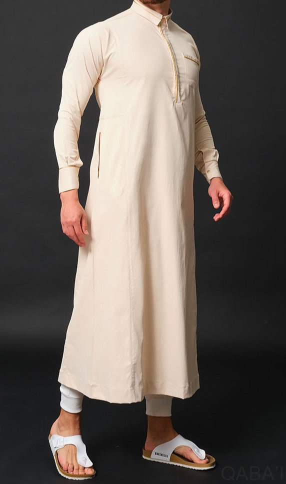  QL SULTAN Smart Kamishirt Thobe in Beige and Gold - QABA'IL,