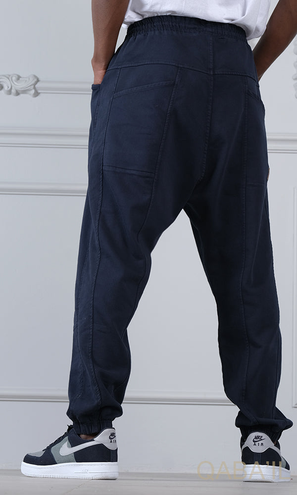 QL Relaxed Cotton STRETCH Cuffed Trousers in Dark Blue - MOOMENN