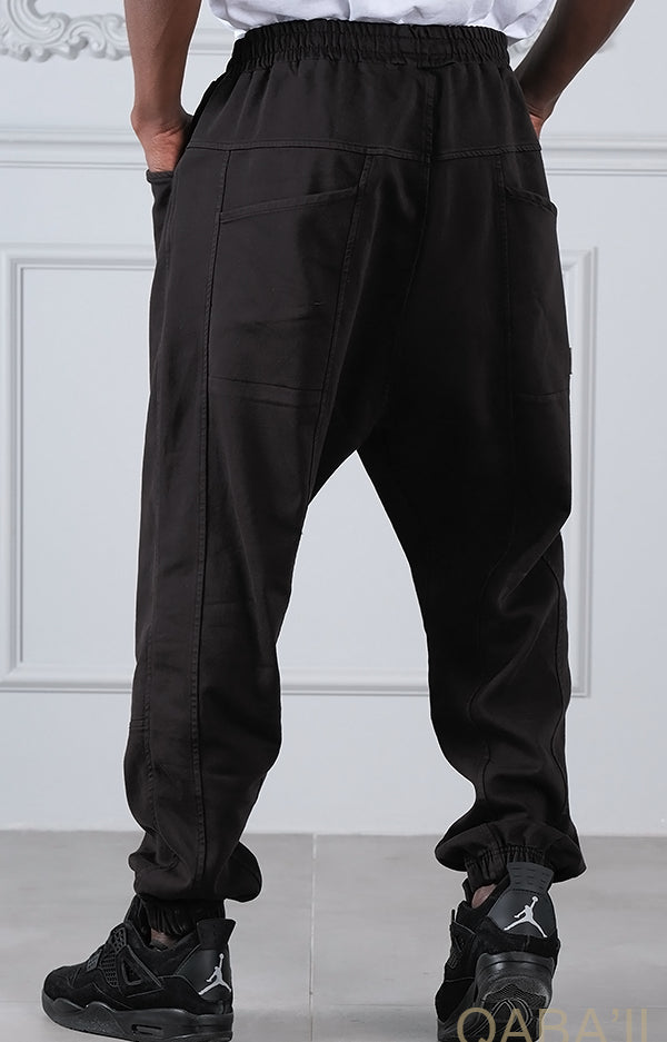 QL Relaxed Cotton STRETCH Cuffed Trousers in Black - MOOMENN