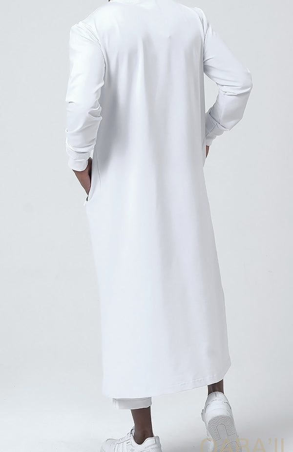 QL SHAM Long Kamisweat Embroidered Thobe in White - MOOMENN