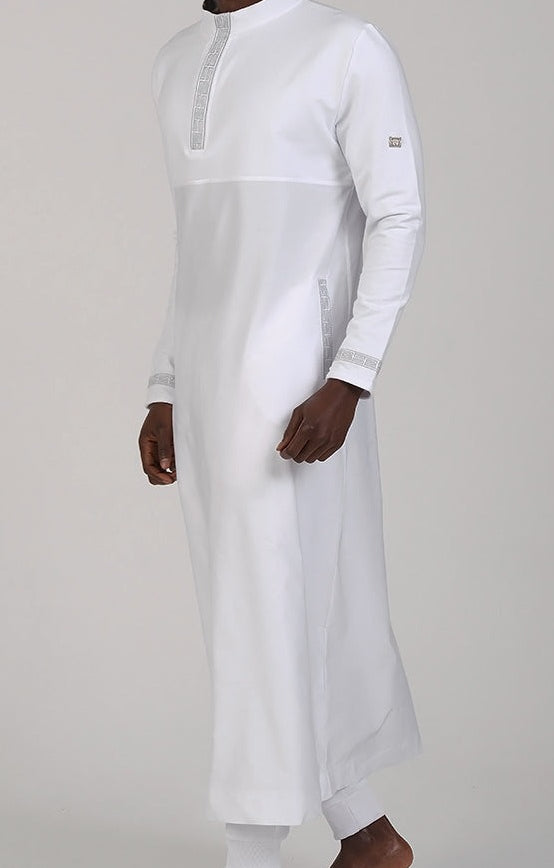  QL Eminence Long Kamisweat Thobe in White and Silver - QABA'IL,
