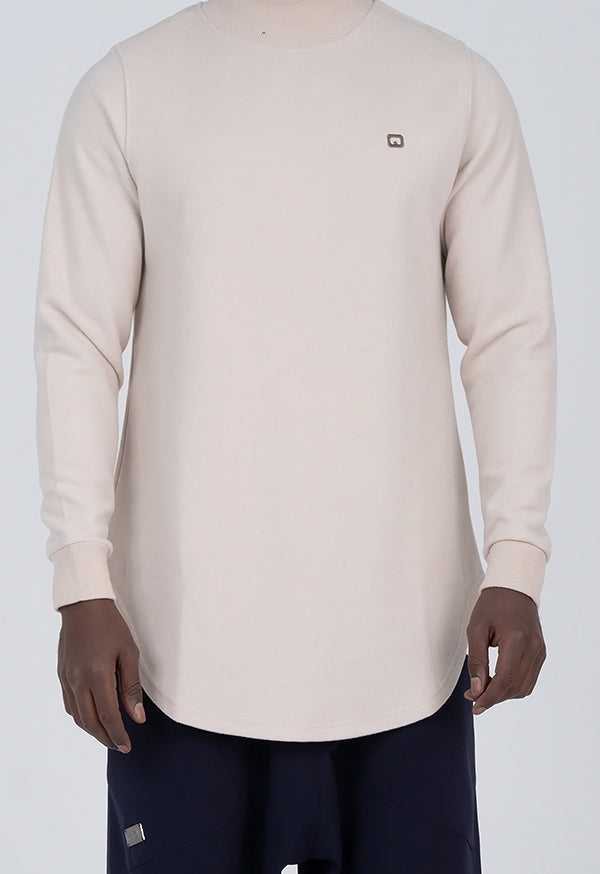 QL Longline High Collar Sweatshirt in Beige - MOOMENN