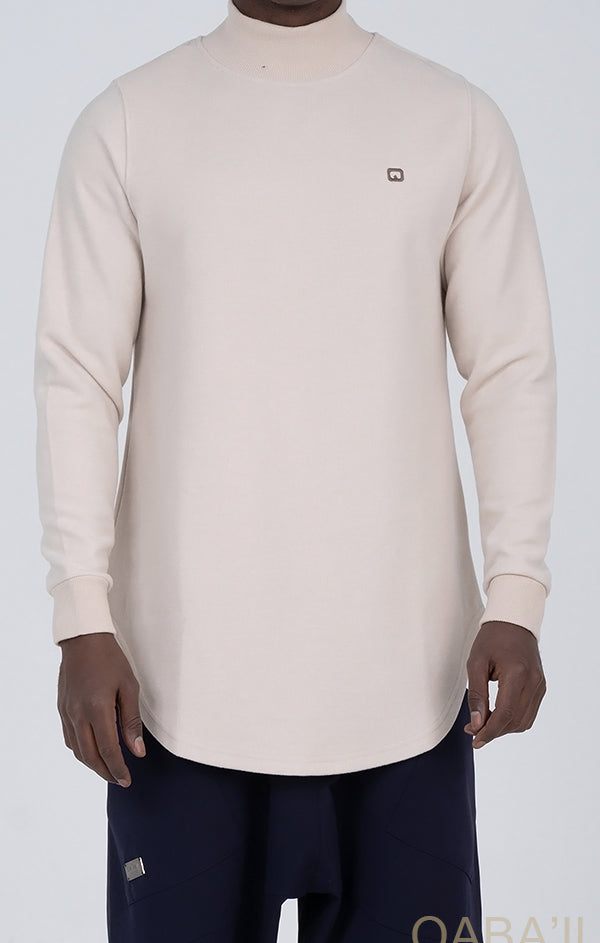 QL Longline High Collar Sweatshirt in Beige - MOOMENN