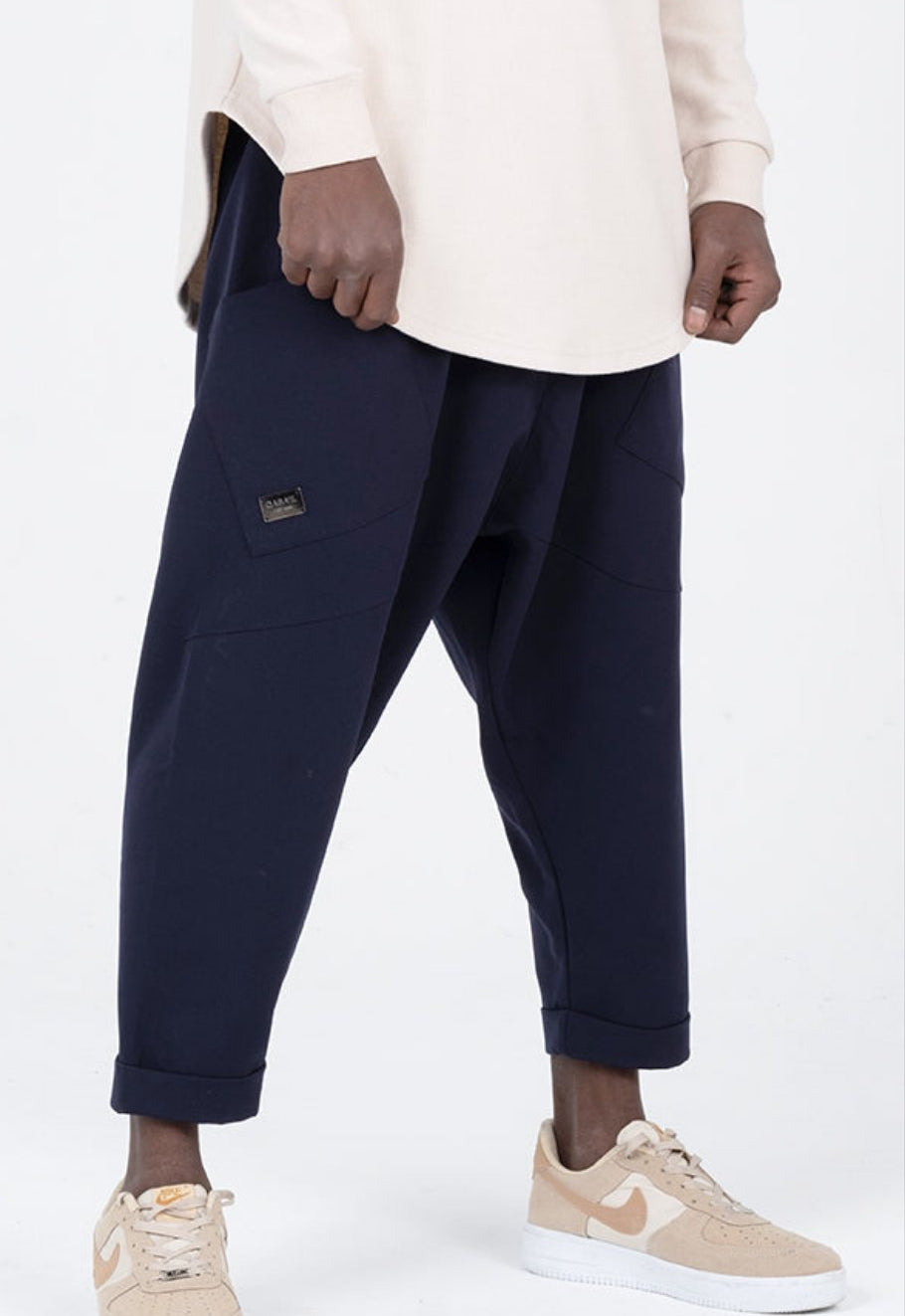 QL Design Lightweight Relaxed Fit Trousers in Navy Blue - MOOMENN