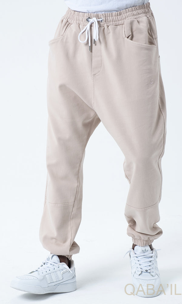 QL Relaxed Cotton STRETCH Cuffed Trousers in Beige - MOOMENN