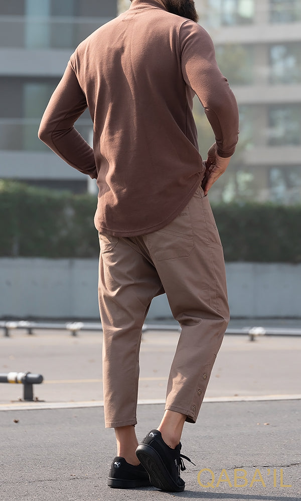 QL Longline High Collar Sweatshirt in Taupe - MOOMENN