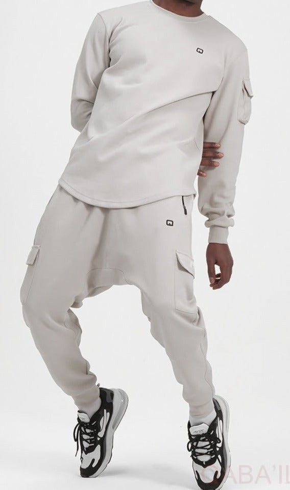 QL Sniper Set Cargo Joggers and Longline Top in Light Grey - MOOMENN