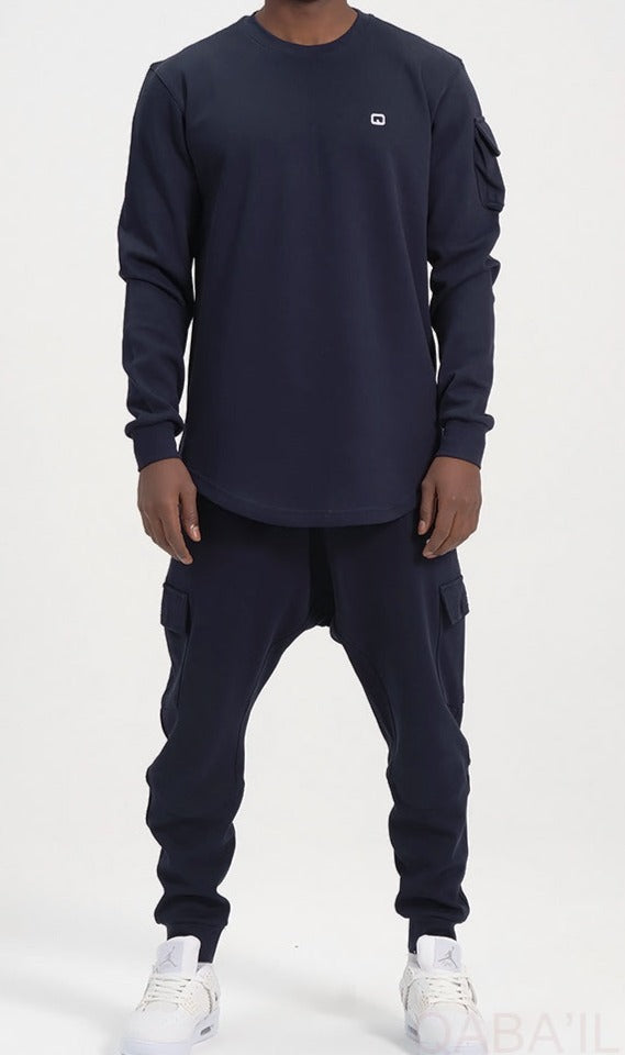  QL Sniper Set Cargo Joggers and Longline Top in Navy Blue - QABA'IL,