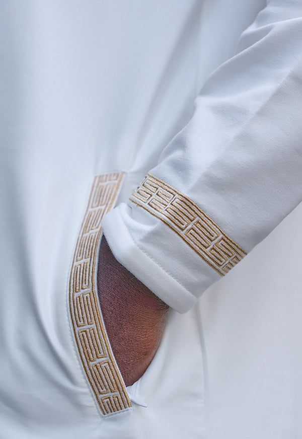  QL Eminence Long Kamisweat Thobe in Cream and Gold - QABA'IL,