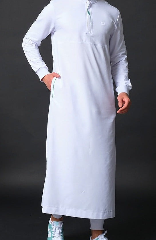  QL Subtil Long Kamisweat Active Thobe in White and Mint - QABA'IL,