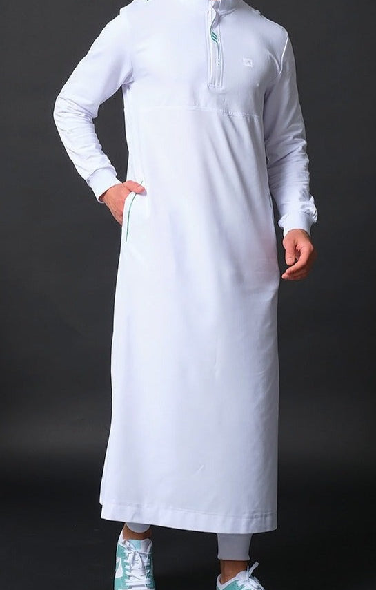  QL Subtil Long Kamisweat Active Thobe in White and Mint - QABA'IL,